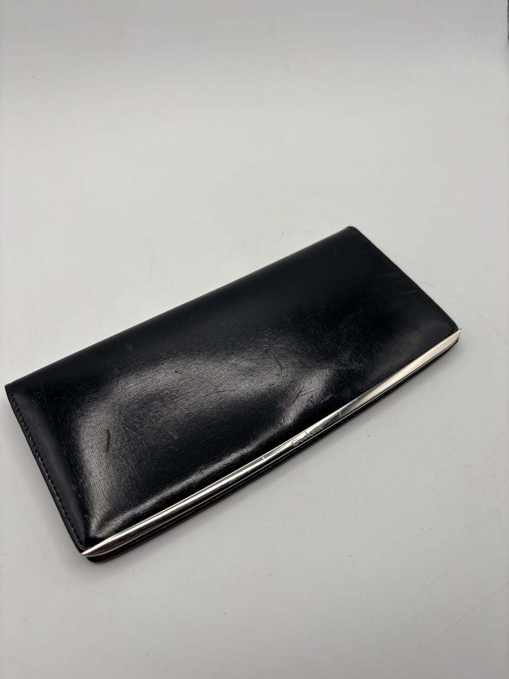 Deckese Black Leather Long Wallet Silver Tone Trim Checkbook Wallet